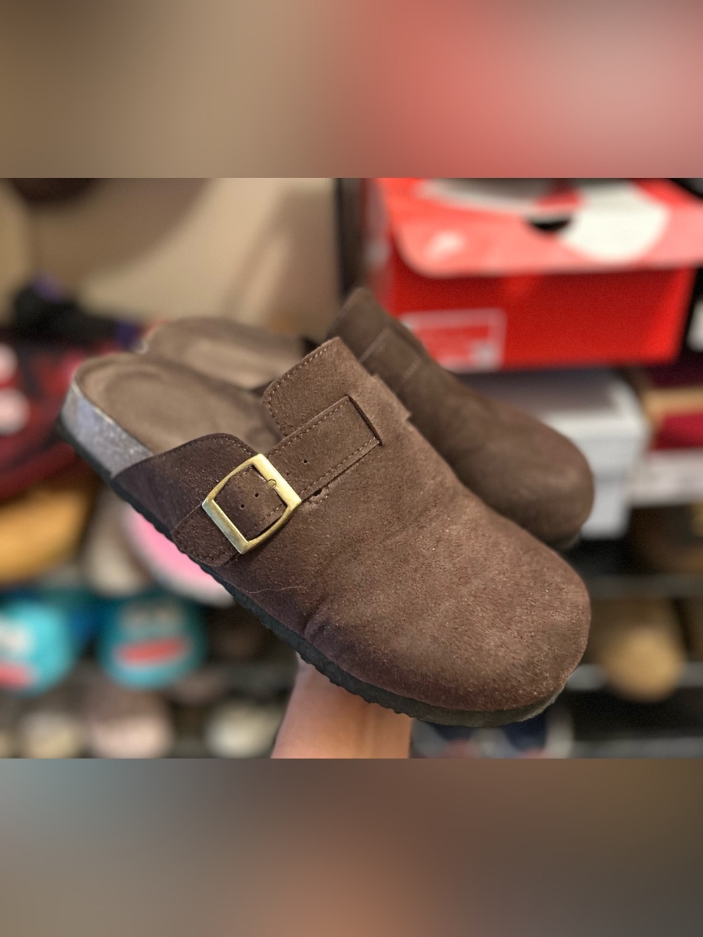 Ardene Brown Suede Slip-On Clogs with Buckle